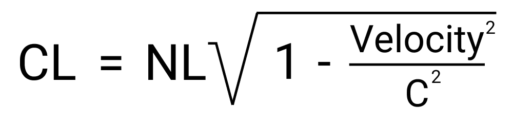 An image showing the formula for finding the length of an object from a standstill observer which would be influenced by length contraction.